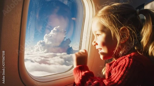 Low-angle view of girl looking out airplane window