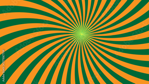 Orange and green spiral sunburst background with radial twisted rays and center glow