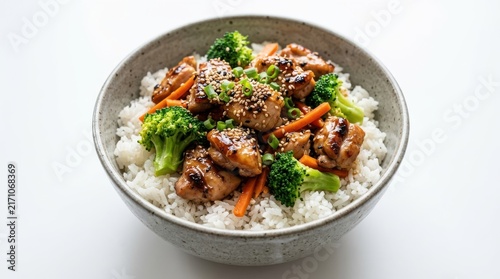 Bowl of fresh chicken and broccoli stir fry with white rice