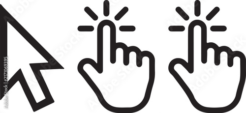 Set of computer mouse pointer arrow and hand cursor clicking icons
