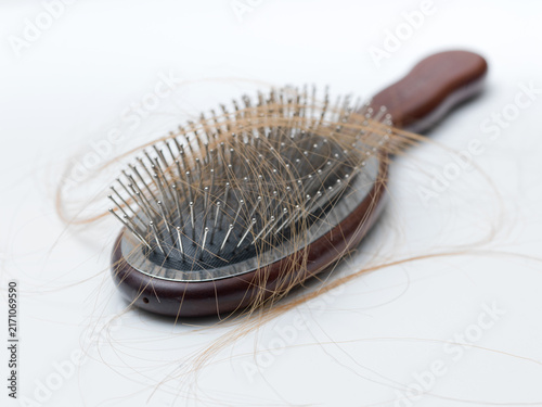 Cuadro en lienzo Top Angle View of Dark Wooden Hairbrush filled with Fallen Hair Strands