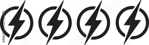 Set of four black lightning bolt icons inside circles for energy and electricity design projects