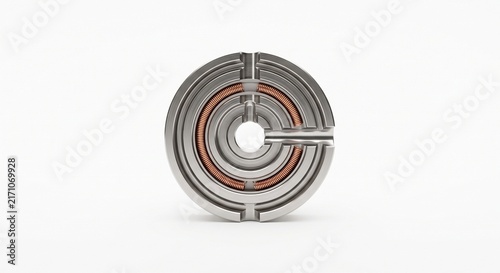 Internal cross-section of an aircraft pitot tube heating element. Aerospace steel cylinder with copper coils for airspeed measurement. Isolated.