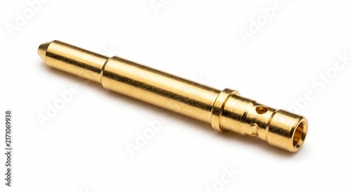Macro of an ARINC 429 avionics data bus connector pin. Gold-plated brass cylinder with wire crimp barrel for cockpit instrumentation. White background.