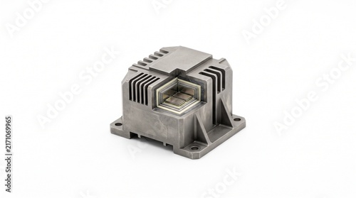 Flight data recorder crash-survivable memory module. Micro-machined armor steel block with flash memory dies for aviation safety. Isolated on white.