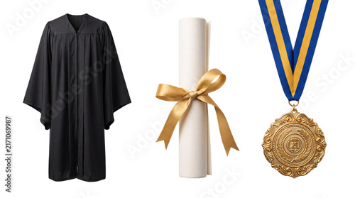 Konstfotografi Graduation regalia: black gown, diploma scroll, png on isolated transparent back