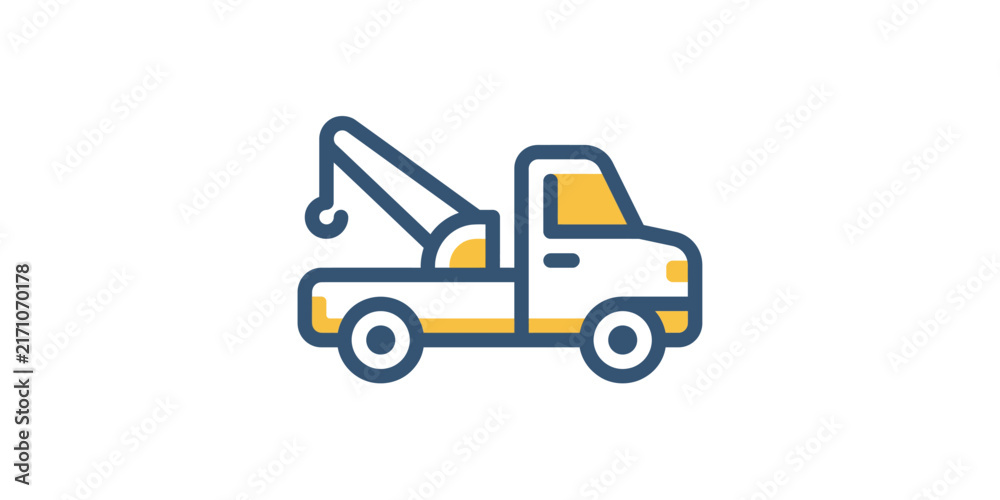 Naklejka premium Tow truck vector illustration displaying a breakdown recovery vehicle equipped with a lifting crane apparatus.