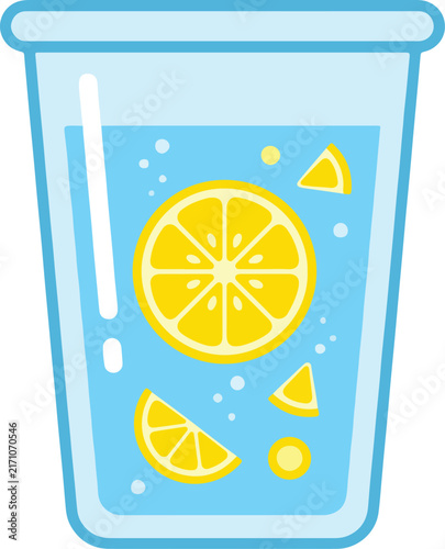 A refreshing glass cup filled with cold sparkling water featuring bright yellow citrus fruit slices and floating bubbles creates an appealing summertime beverage graphic for promotional banners