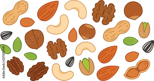 A colorful assortment of organic edible seeds and delicious crunchy kernel snacks arranged together to present a healthy lifestyle choice for mindful nutrition enthusiasts and cooking recipes