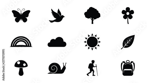 Black and white icons of nature elements and outdoor adventure symbols arranged in grid with silhouettes illustrate nature against plain background nine stylized black flower