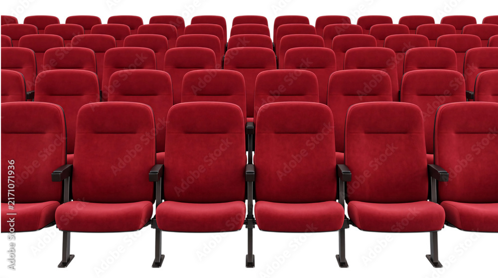 Fototapeta premium Rows of empty red velvet cinema seats in a dark png on isolated transparent background