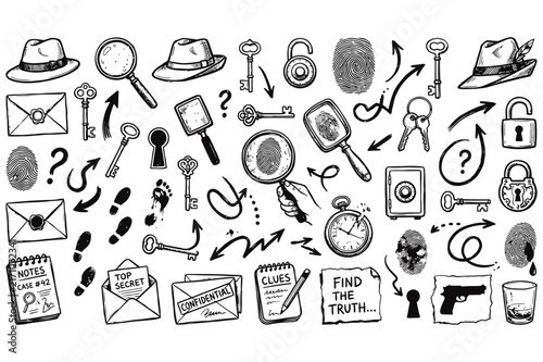 Detective Mystery Secret Agent Keys and Magnifying Glass Line Art Vector Set