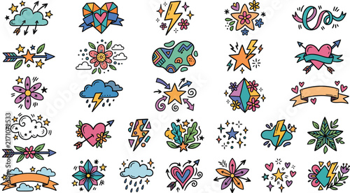 Vintage Colorful Tattoos: Hearts, Stars, and Lightning Bolt Vector Set