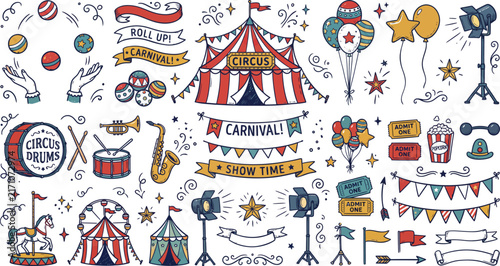 Vintage Circus Tent Carnival Show and Musical Instruments Vector Set
