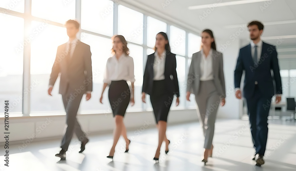 Fototapeta premium Blurred motion of a multi-ethnic team of professional business people walking together down a modern corporate office hallway with large windows and bright natural sunlight