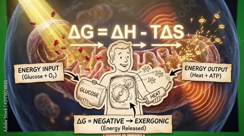Cellular energy thermodynamics diagram showing Gibbs free energy and metabolic processes.