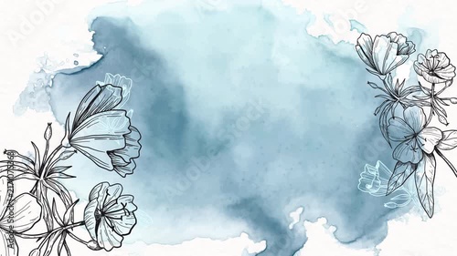 Abstract blue watercolor background with hand drawn botanical flower illustrations.