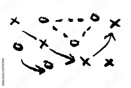 Sports tactical play diagram with arrows and player movements. Hand drawn strategy sketch with X and O symbols for coaching game plan. Black grunge texture isolated elements.