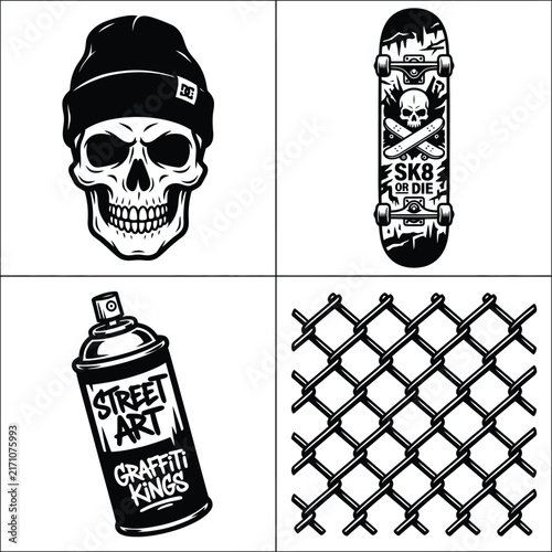 Vintage urban street culture skateboard and spray paint set