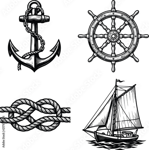 Vintage engraved sailing ship nautical anchor and wheel set