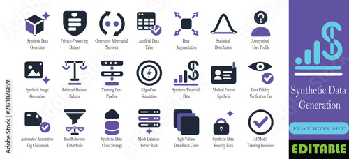 Synthetic data generation icon set. Privacy preserving dataset, GAN loop, data augmentation and anonymized profile solid glyph vector symbols
