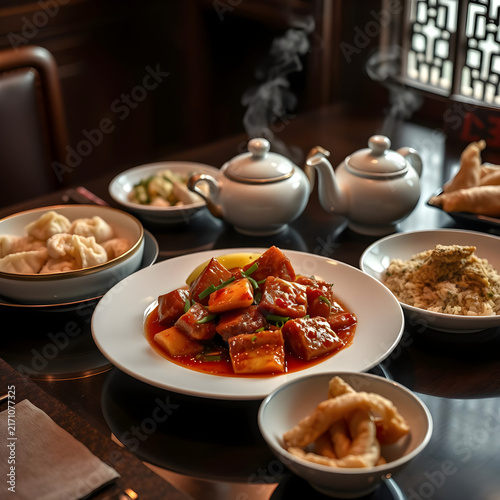 Tasty Chinese Cuisine Spread with Sweet and Sour Pork, Delicate Shrimp Dumplings, Fragrant Rice and Crispy Spring Rolls