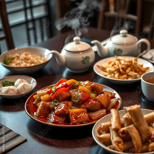 Fancy Chinese Cuisine Spread with Sweet and Sour Pork, Delicate Shrimp Dumplings, Fragrant Rice and Crispy Spring Rolls