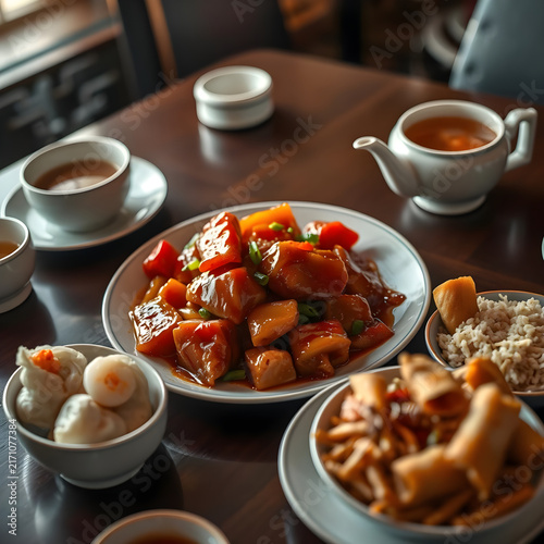 Delicious Chinese Cuisine Spread with Sweet and Sour Pork, Delicate Shrimp Dumplings, Fragrant Rice and Crispy Spring Rolls