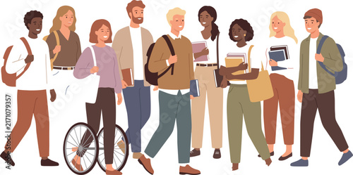 Group of Diverse Students Walking with Books Flat Vector Illustration