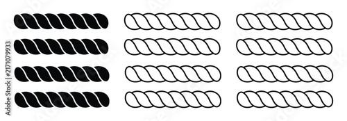 Seamless rope pattern brushes icon silhouette vector, bold outline and line art isolated illustration for decorative borders, nautical designs, craft projects, textures, backgrounds, and graphic 