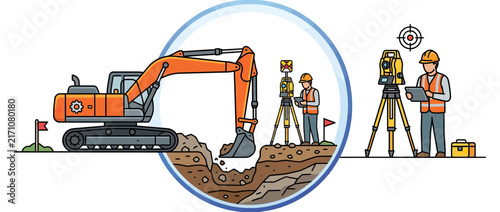 Construction site with excavator and surveyors using equipment