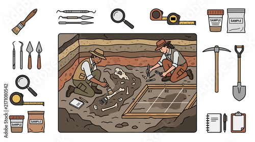 Archaeologists Excavating Fossil Bones in Stratified Soil