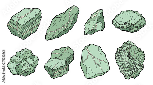 Collection of Isolated Green Mineral Rocks