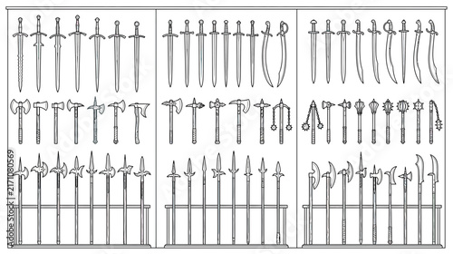 Collection of Medieval Weapon Illustrations Isolated