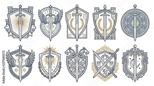 Collection of Medieval Heraldic Emblems with Swords and Shields