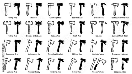 Collection of Various Axe Types Isolated