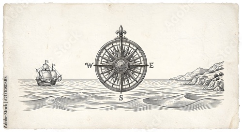 Copperplate engraving style maritime compass and ocean waves on cotton paper