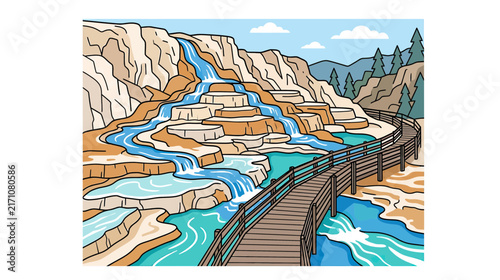 Colorful Terraced Waterfall with Wooden Boardwalk
