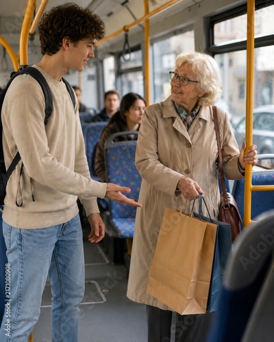 Young man offering his seat to an elderly woman on public transport, representing kindness, respect, courtesy, senior support, accessibility and considerate behavior