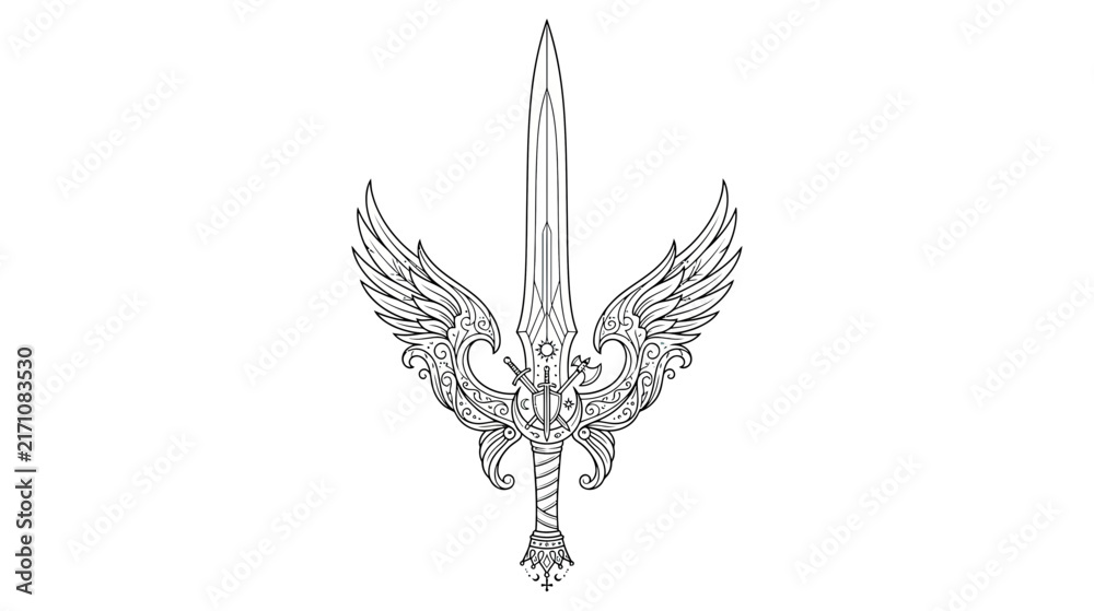 Fototapeta premium Ornate Winged Sword Emblem Isolated