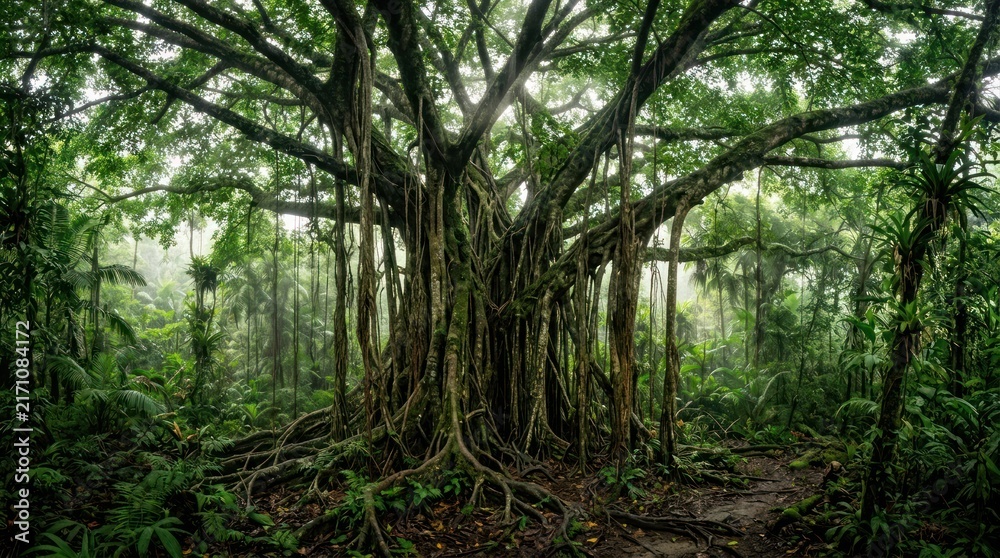 Fototapeta premium Ancient Banyan Tree in Lush Tropical Rainforest.
