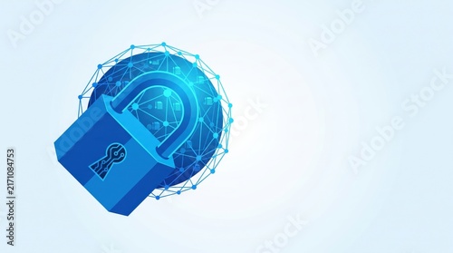 blue padlock with circuit keyhole over glowing wireframe globe containing data icons. global cybersecurity, internet privacy, network protection concept. copyspace, banner, website header.