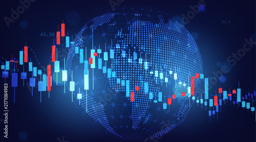 Abstract global business background with wireframe globe and dynamic financial candlestick charts on blue. 