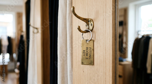 Fitting Room Key with Brass Tag Hanging on Hook in Clothing Boutique