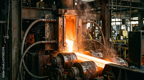 Molten Hot Metal Flowing Through Industrial Casting Machine In Factory
