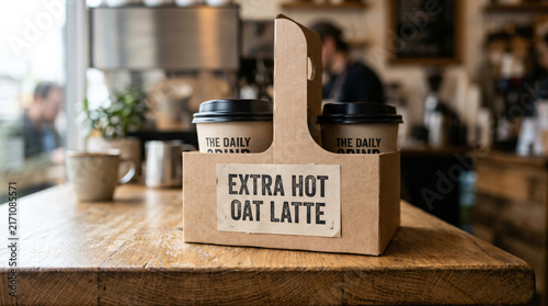 Two Takeaway Oat Latte Coffee Cups in Cardboard Carrier on Wood Table