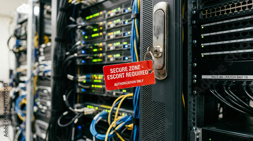 Red Security Tag on Locked Server Rack in Modern Data Center