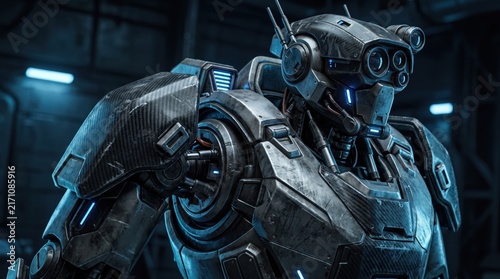 futuristic combat robot in heavy metallic armor against dark industrial background. science fiction, artificial intelligence, future warfare. video game design, banner, website header.
