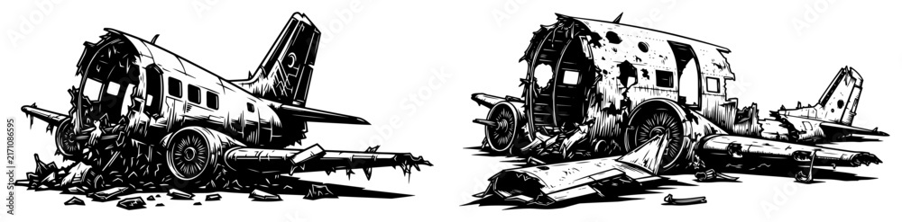Obraz premium Crashed Airplane Wreckage Vector, Abandoned Aircraft Ruins Illustration, Plane Crash Site Debris in Woodcut Style