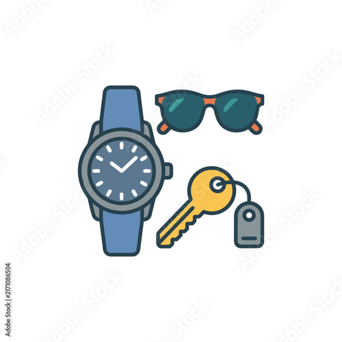 Watch, Sunglasses, Key: Everyday Essentials Flat Icon Set